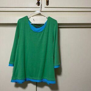Koret woman, 3/4 length sleeve, green & blue layered tunic, size 1X
